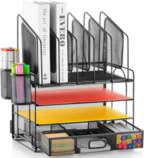 Desk Organizer with Drawer, 4-Tier Mesh File Organizer with 5 Vertical File Hold