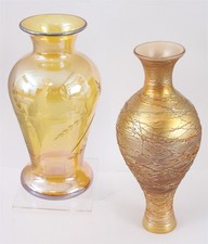 Antique DURAND Threaded Iridescent Pale Yellow Art Glass Lamp & Luster Vase , NR