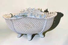Vintage Capodimonte Italian Porcelain Woven Basket Footed Bowl w/ Blue Flowers