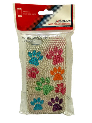 Apple iPhone 5 5S Silver w/ Cat Paw Footprints Bling Diamonte Protector Case NEW