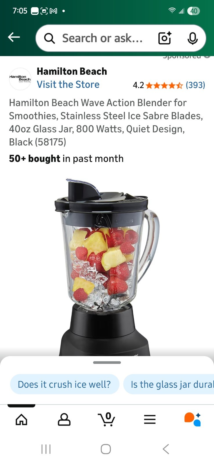 Hamilton Beach Wave Action Quiet Blender 48 oz Glass Jar, 12