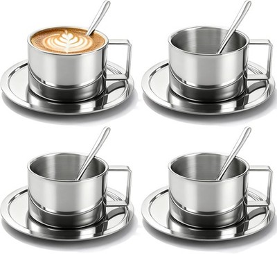4 Pack 6.8 oz Coffee Cups Set, 18/8 Stainless Steel Espresso Cup with Saucer