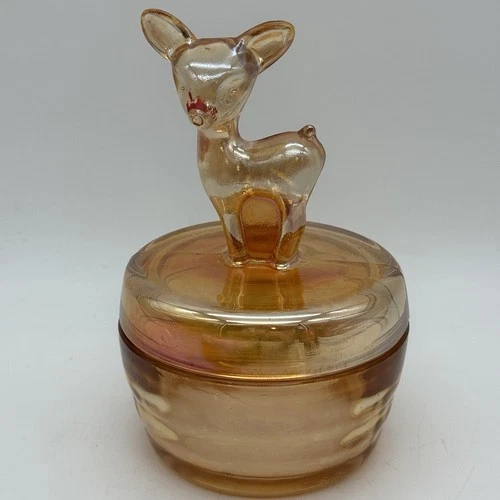 Vintage 1940's Jeanette Marigold Lustre Glass Fawn Deer Powder Trinket Dish