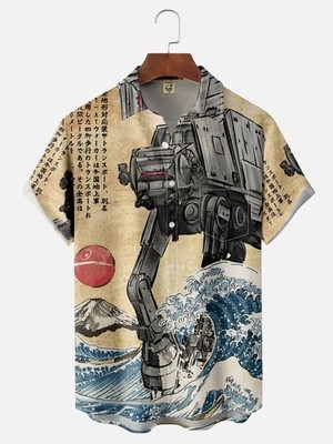 Japanese Ukiyoe Wave Robot Chest Pocket Hawaiian Shirt
