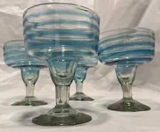 4 Piece Hand Blown 16 oz Martini - MARGARITA GLASS Circle/Spiral BLUE 5.75” Tall