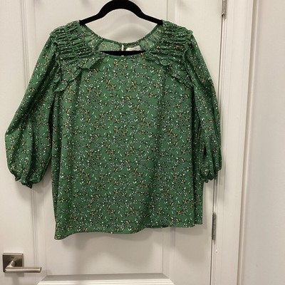 Max Studio Plus Women 1X Green Floral Round Neck 3/4 Puff Sleeve Pleated Blouse