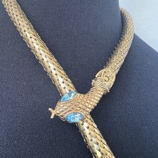 Stunning Vintage Mesh Snake Belt Necklace Gold Lariat Blue Crystal Eyes 42  MINT