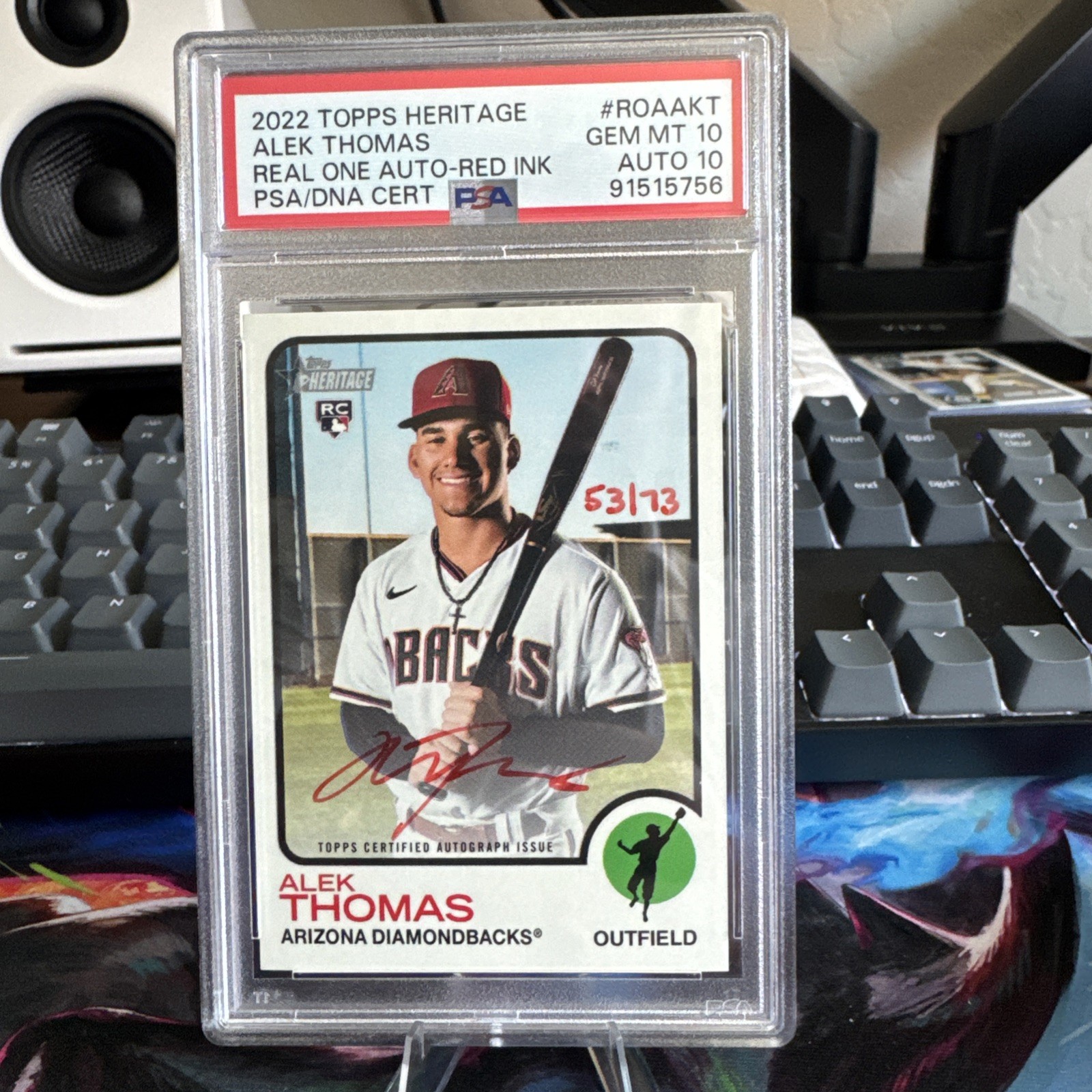 Alek Thomas 2022 Topps Heritage Red Ink Auto /73 PSA 10 Dodgers! Rookie RC Pop 1