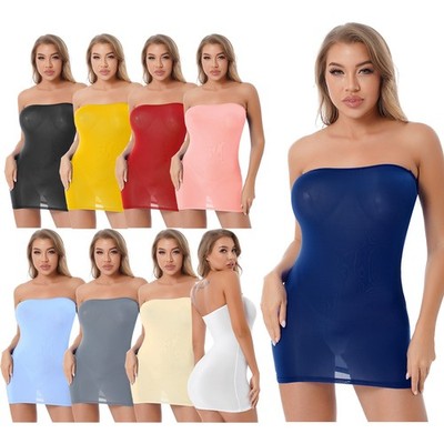 Womens Strapless Cover Up Slip Tube Dress Semi Sheer Stretchy Mini Bodycon Dress