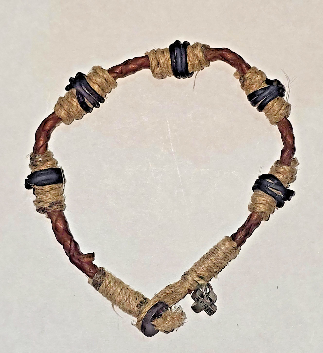 AERO Aeropostale Leather Hemp Cord Bracelet Cross Charm Brown Black Boho Surfer