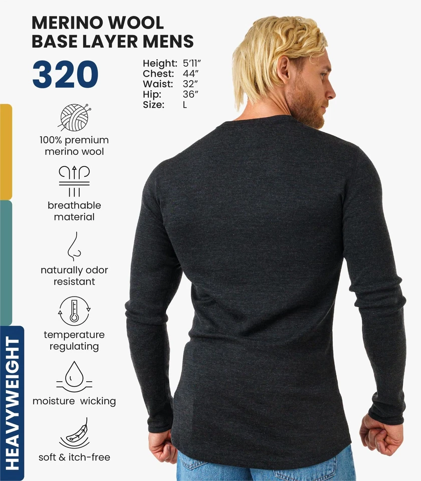 Merino Wool Base Layer - Mens 100% Merino Wool Long Sleeve Thermal Shirts Hea... - Image 2 of 4