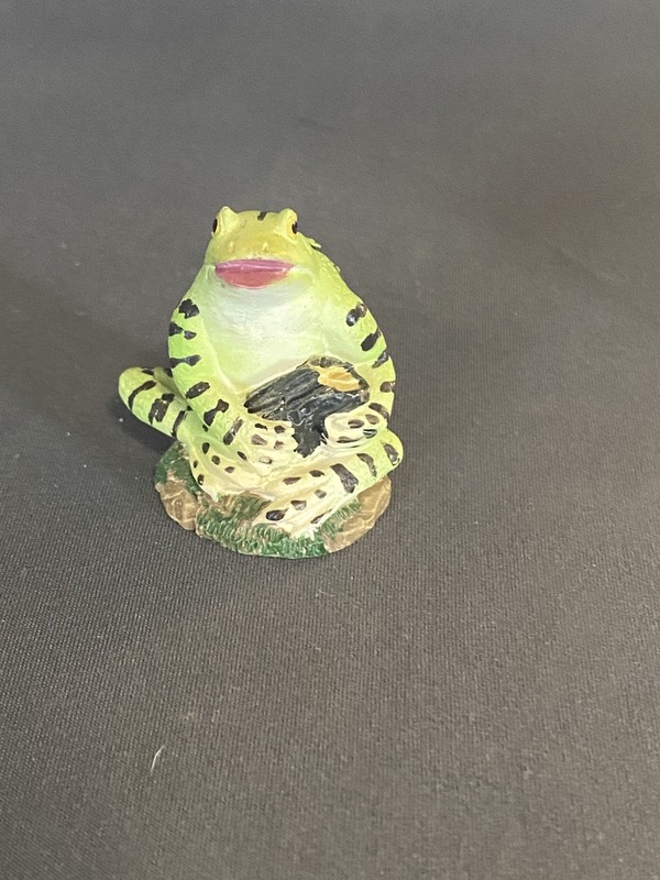 Frog Figurine Collectible Miniature holding a Log  1.5" x 1" - Excellent