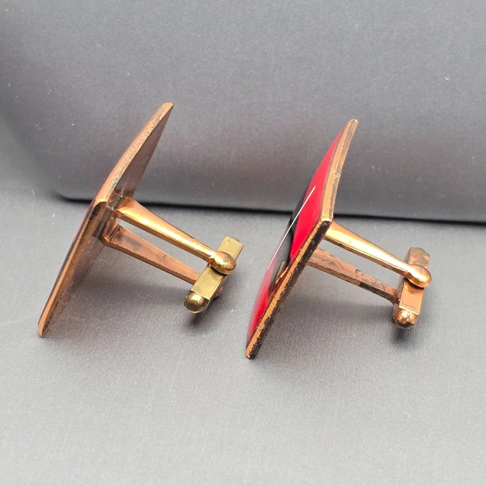 VTG MCM Copper & Enamel Cufflinks 1.25" Red Black Abstract Design Bullet Back - Image 2 of 4