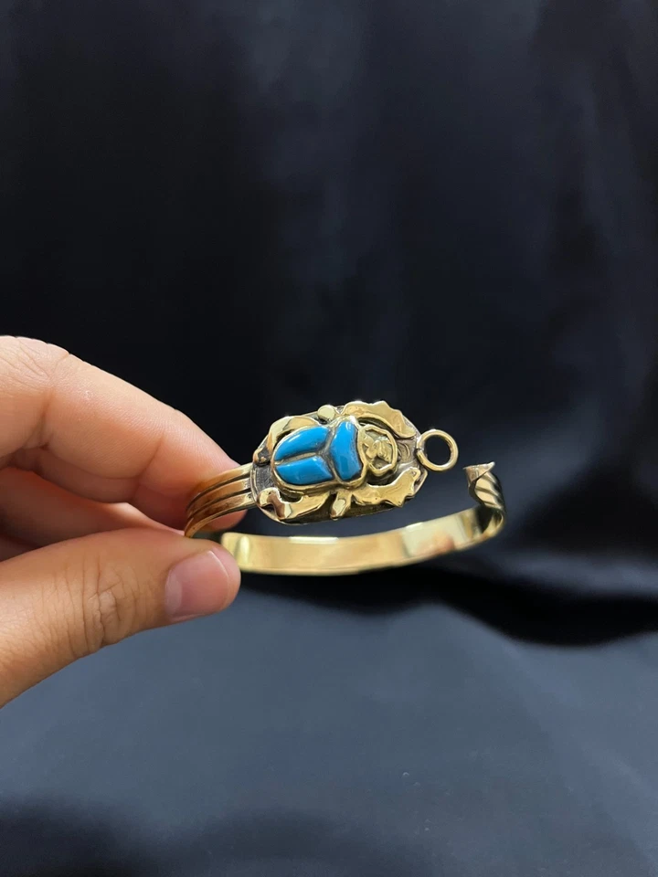 Turquoise Scarab Bracelet – Gold Egyptian Bangle with Light Blue Beetle - Image 2 of 4