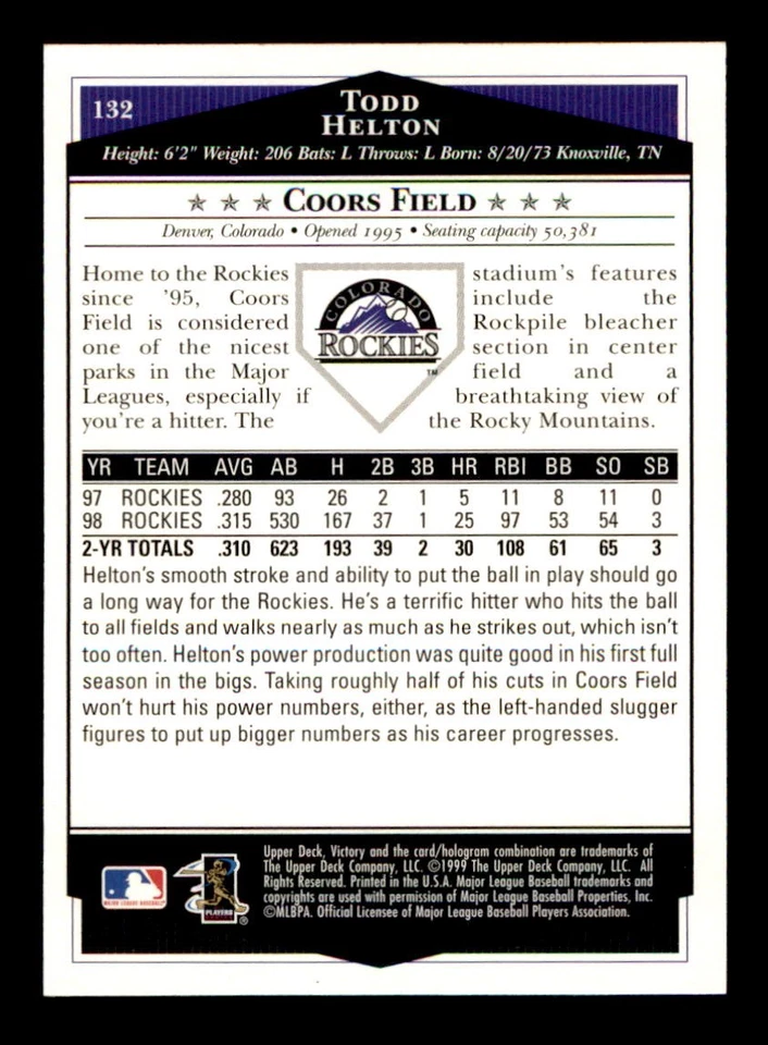 1999 Upper Deck Victory #132 Todd Helton - Image 2 of 2