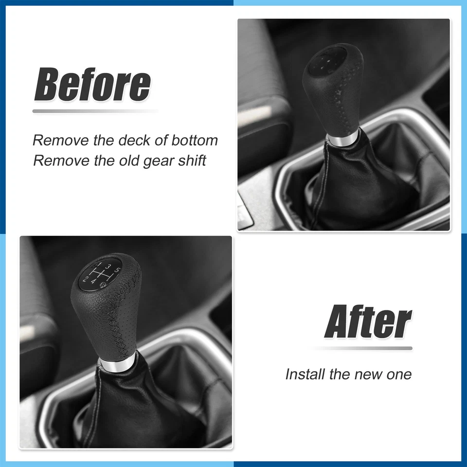 Perilla de cambio de marchas universal negra de 5 velocidades de cuero PU con orificio puntadas negras Foto 3 de 4