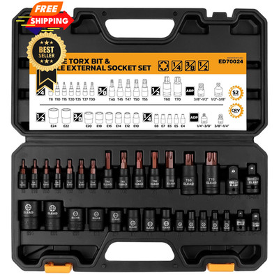 31-Piece Torx Bit Socket Set: 14 Star Bits T8-T70 & 13 E-Torx One Size