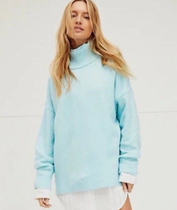 Free People Sz M Afterglow Mock Neck Sweater In Sky Blue Acrylic Pullover