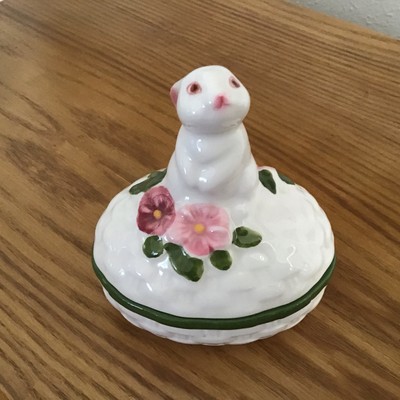 Avon Bunny Rabbit Trinket Box Vintage 1982 Hand Paint Ceramic Easter Egg Dish