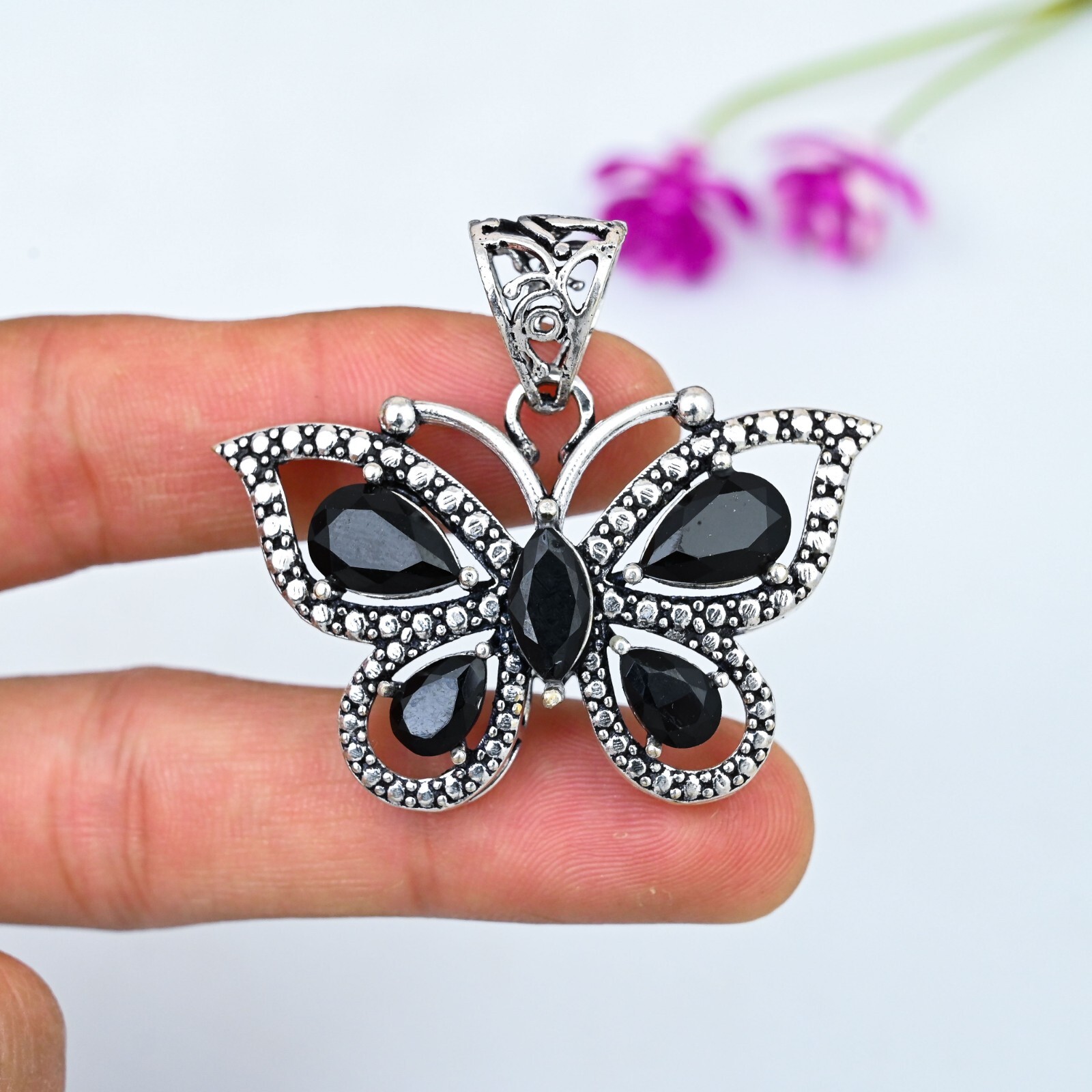 Black Spinel Gemstone 925 Sterling Silver Handmade Butterfly Pendant Jewelry