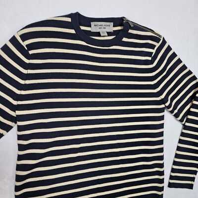Michael Kors Sweater Womens XL Merino Wool Stripe Zip Cold Shoulder Nautical