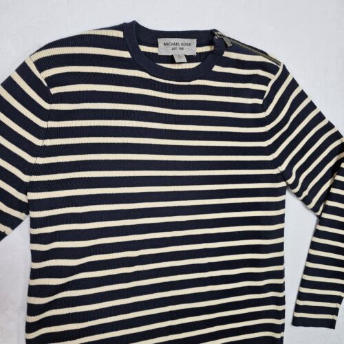 Michael Kors Sweater Womens XL Merino Wool Stripe Zip Cold Shoulder Nautical