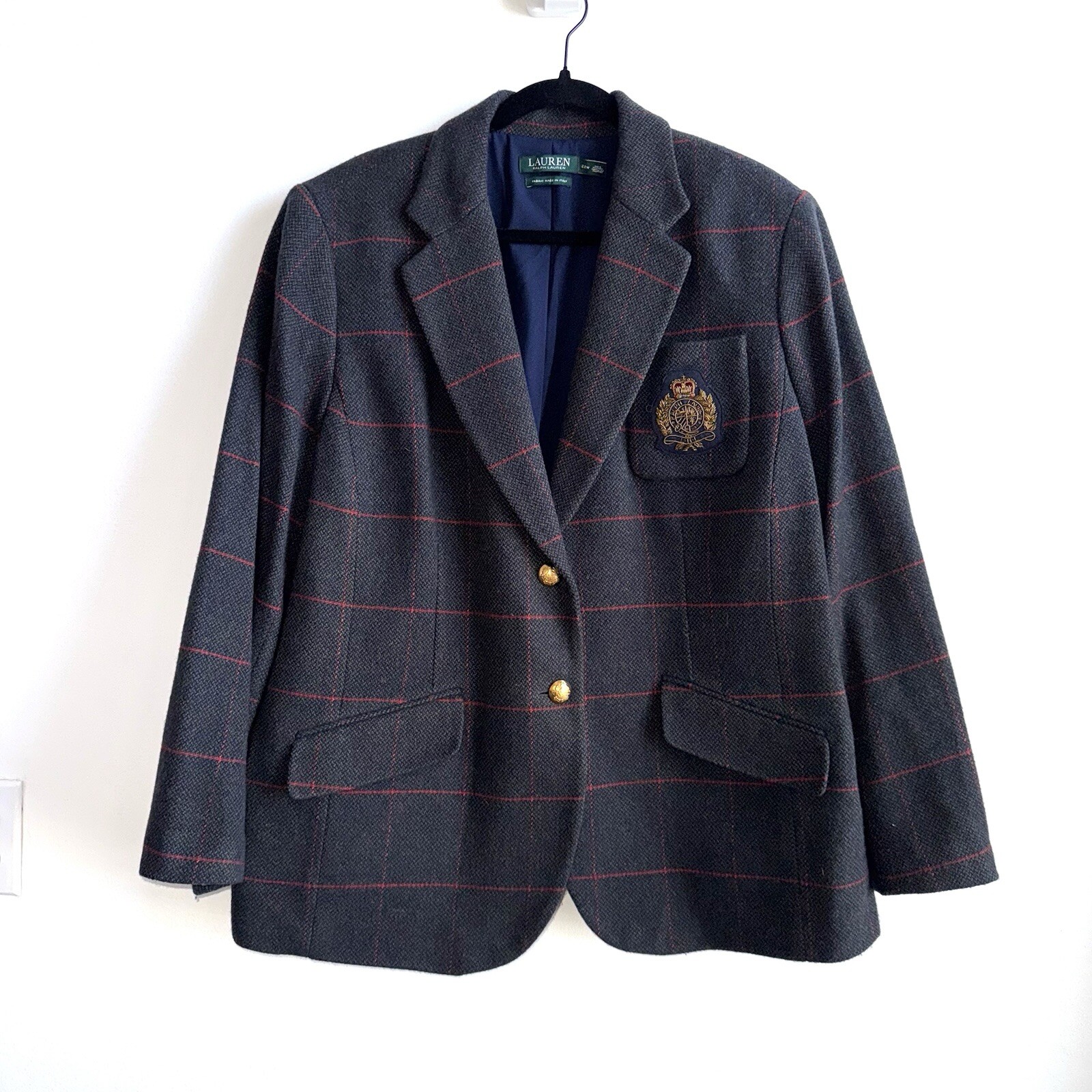 Lauren Ralph Lauren Women’s Jacket Blazer 22W Gray Red Crest Crown Gold Wool