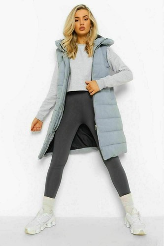 Ladies Long Line Padded Puffer Gilet Jacket Side Zips Pocket Hooded Body Warmer - Picture 9 of 16