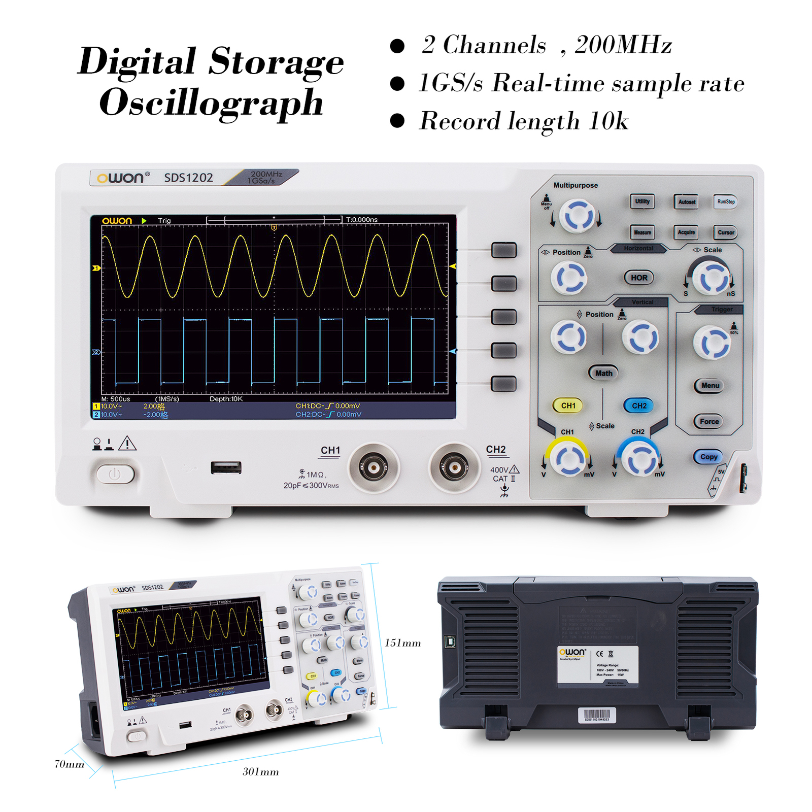 Owon SDS1202 Digital Storage Oszilloskop 2CH 200MHz 1GSs LCD display USB 