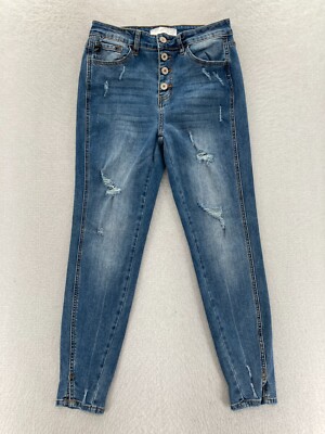 KanCan Jeans Women's 5/26 Blue Stretch Denim Skinny Ankle Distressed Button Fly