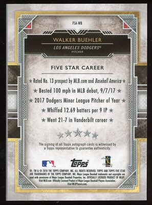 Walker buehler WBC topps fivestar ドジャース Walker Buehler 2018 Topps Five Star Auto Rookie #d /25 Blue
