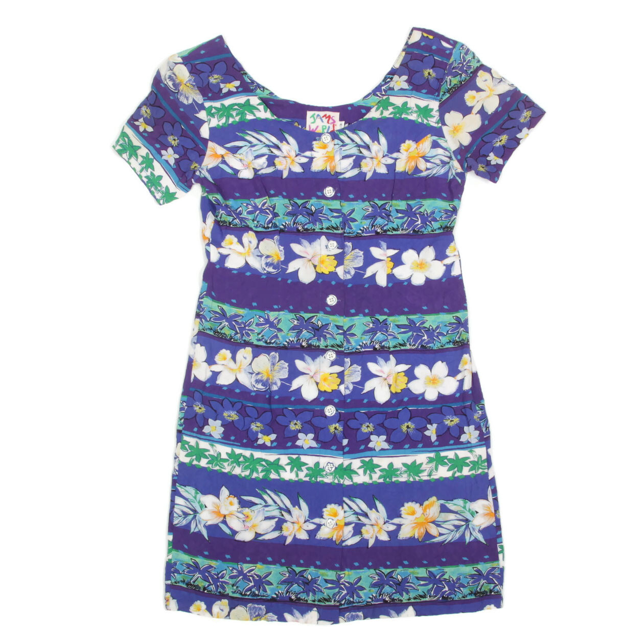 Abito JAMS WORLD hawaiano vintage orchidea fila viola floreale con bottoni tg 3 479