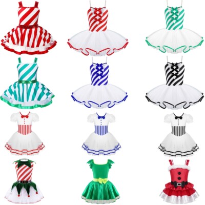 Christmas Costume Girls Sequin Stripe Tutu Ballet Dance Figure Ice Skating Dress