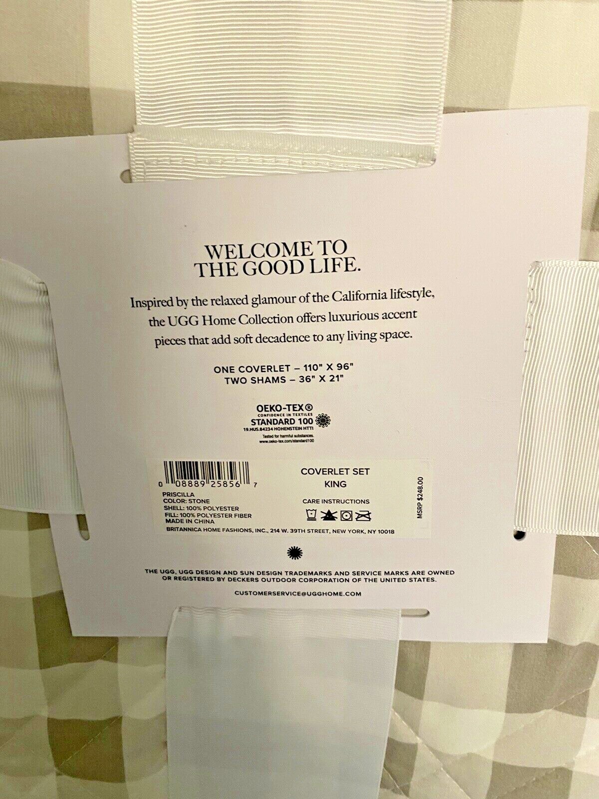 Ugg KING Size Coverlet Quilt + 2 Shams Priscilla STONE Tan Beige White