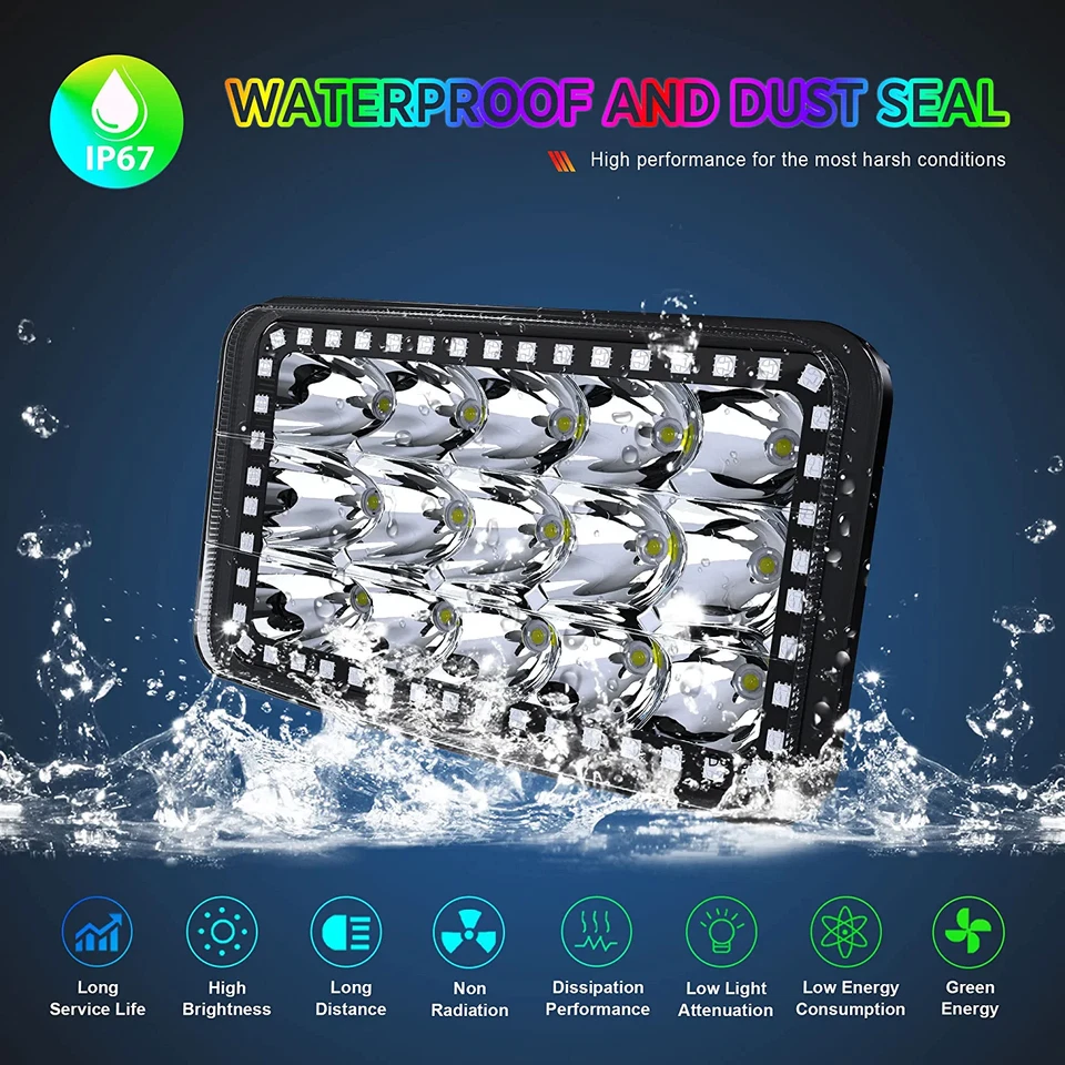 Juego de bombilla de faro rectangular con función halo LED RGB 4x6" cristalino Foto 4 de 4