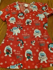 Dickies Christmas Yeti Scrub Top Xs  NWOT  Red