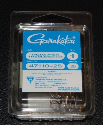 25 Pack Gamakatsu 47110-25 Round Bend Bronze Treble Hooks - Size 1 Super Sharp