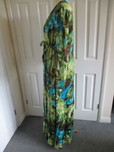Handmade - Retro blue/green/brown silky feel empire line long dress - Size L - Picture 7 of 8