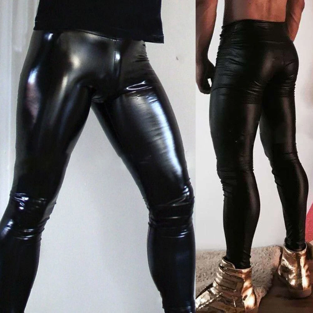 Latex Mens Shiny Leather Leggings Skinny Long Pants Trousers Clubwear Tight