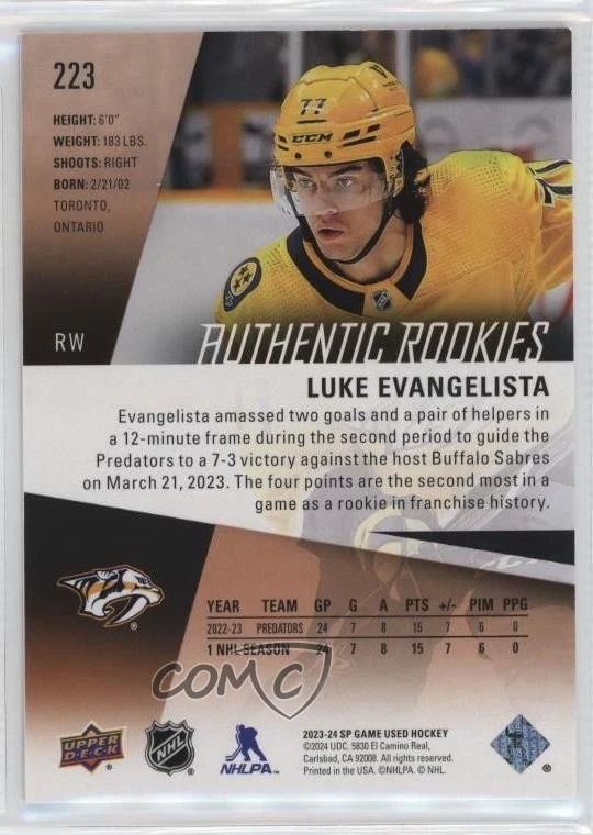 2023 SP Game Used Authentic Rookies Bronze 172/265 Luke Evangelista #223 - Image 2 of 3