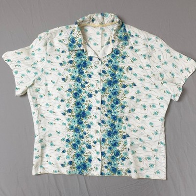 Vintage 1950s Women's Blue Floral Blouse White Rose Print Button Front Shirt M/L