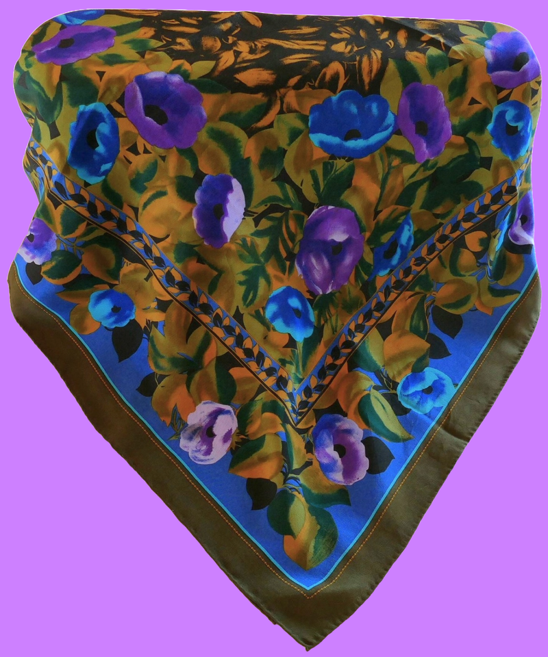 Foulard Carré En Soie LOREDANO - Vintage, Motifs Vert/bleu/rouge, 88x87 Cm