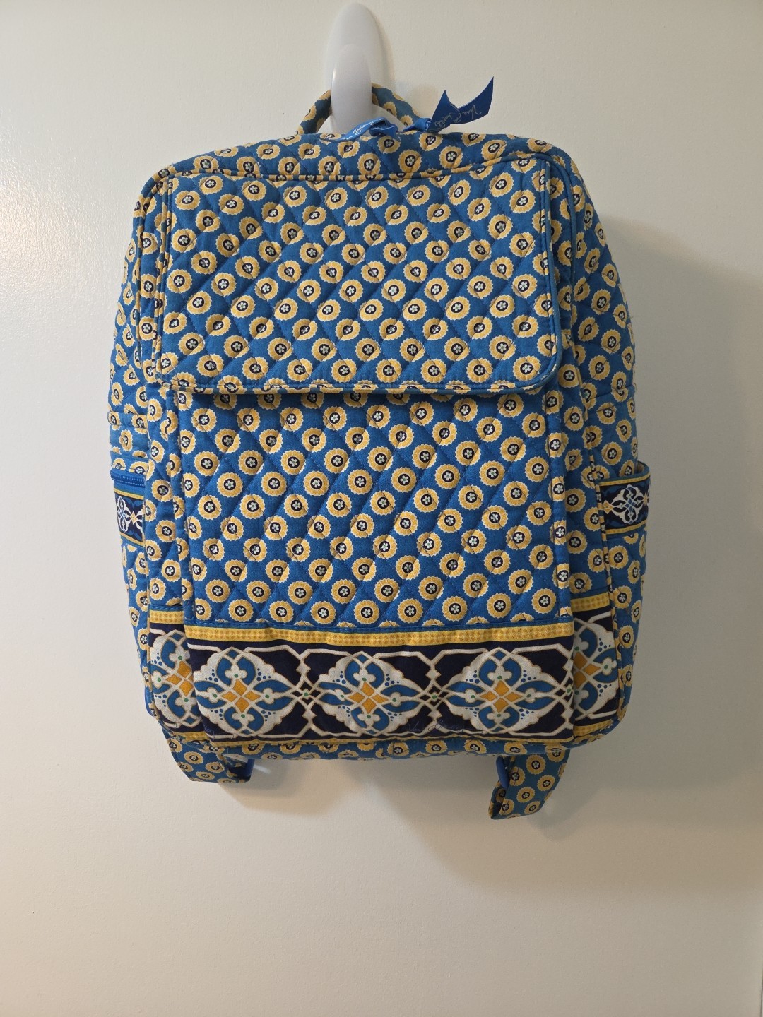 Vera Bradley Quilted Backpack Riviera Blue Yellow Floral Adjustable Straps Med