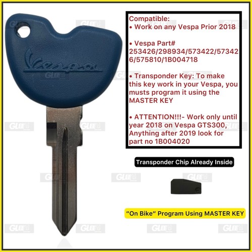 Vespa Blue Transponder Ignition Blank Key Factory Program Using Master Key - Bild 1 von 2
