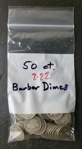 Bag of 50 10c Barber Silver Dimes