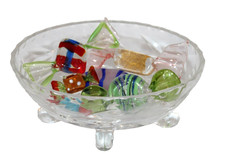 6 Glass Wrapped Candy Pieces Murano Style With Clear Glass Unbranded Bowl-WRC