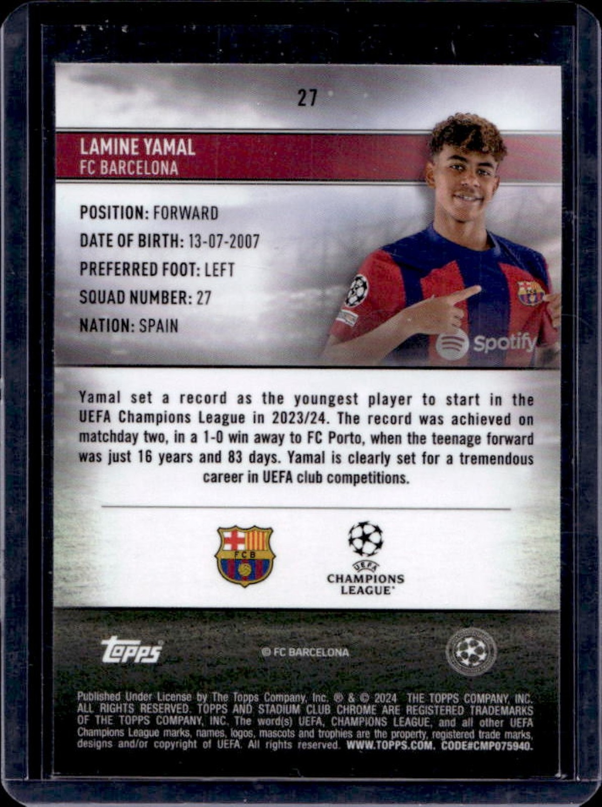 2023-24 Topps Stadium Club Chrome UEFA Lamine Yamal RC Rookie #27 Barcelona view 2