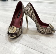Charles Jourdan Vintage Leather Animal Print, Metallic Gold Peep Toe Stiletto 6