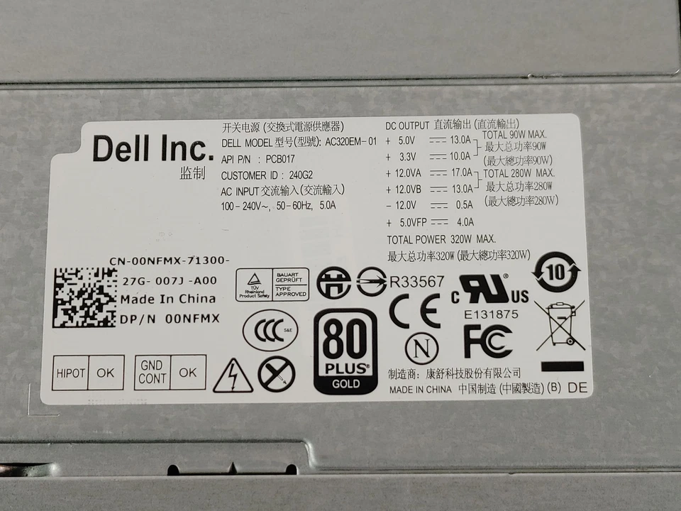 Dell Precision T1650 24 Pin 320W Desktop Power Supply 0NFMX - Image 2 of 4