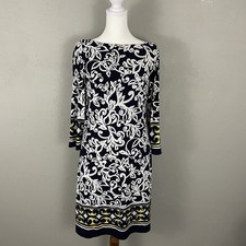 CHAPS Stretchy Knit Dress Size S Small Navy Blue White Scrolls Boat Neck Lined
